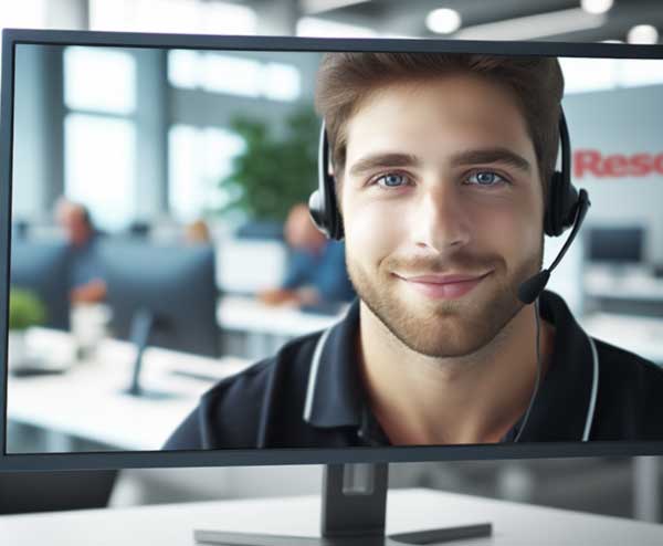 A closeup shot of a smiling remote computer repair services technician in a large office. Other technicians are in the background engaged in remote tech support sessions.