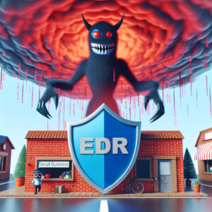 Cybersecurity Services - Threat concept with massive hacking-monster hovering over a small business.