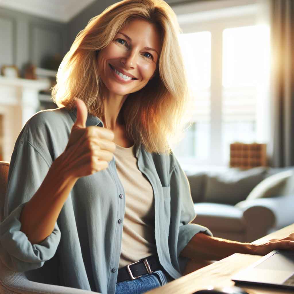 A smiling woman giving a thumbs-up after receiving the best online computer service.