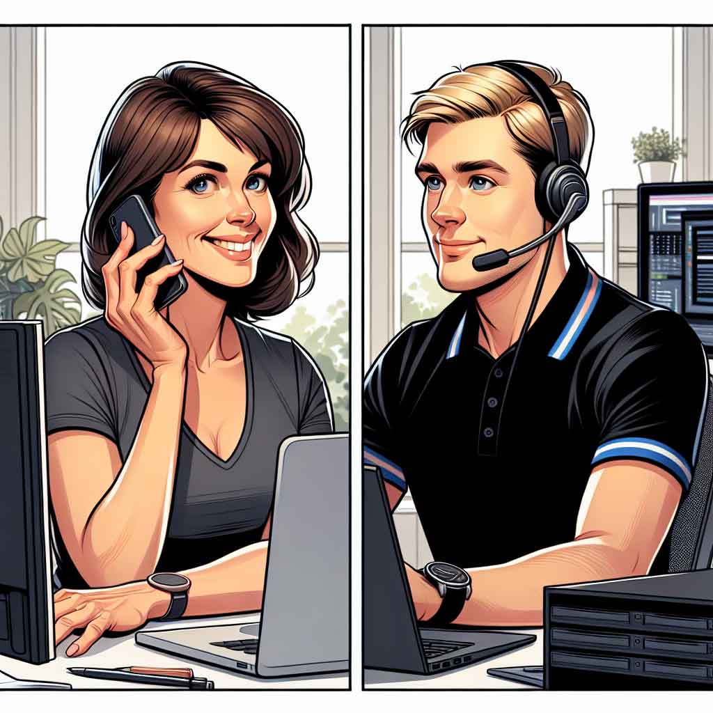 A happy female customer working with a RescuTechs Engineer to perform our New Computer Setup Service