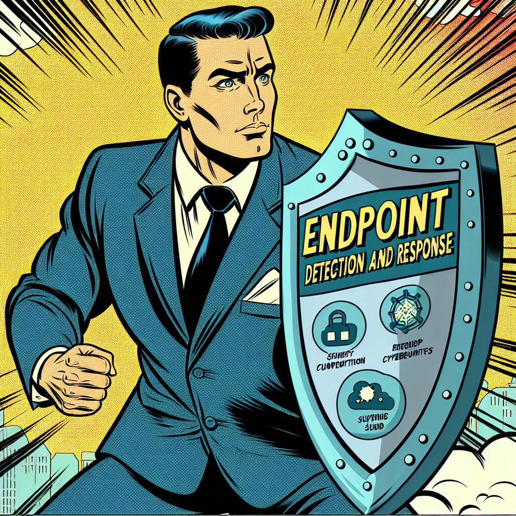 Virus Removal Service Man holding an Endpoint Detection and Response shield to defend against viruses and malware.